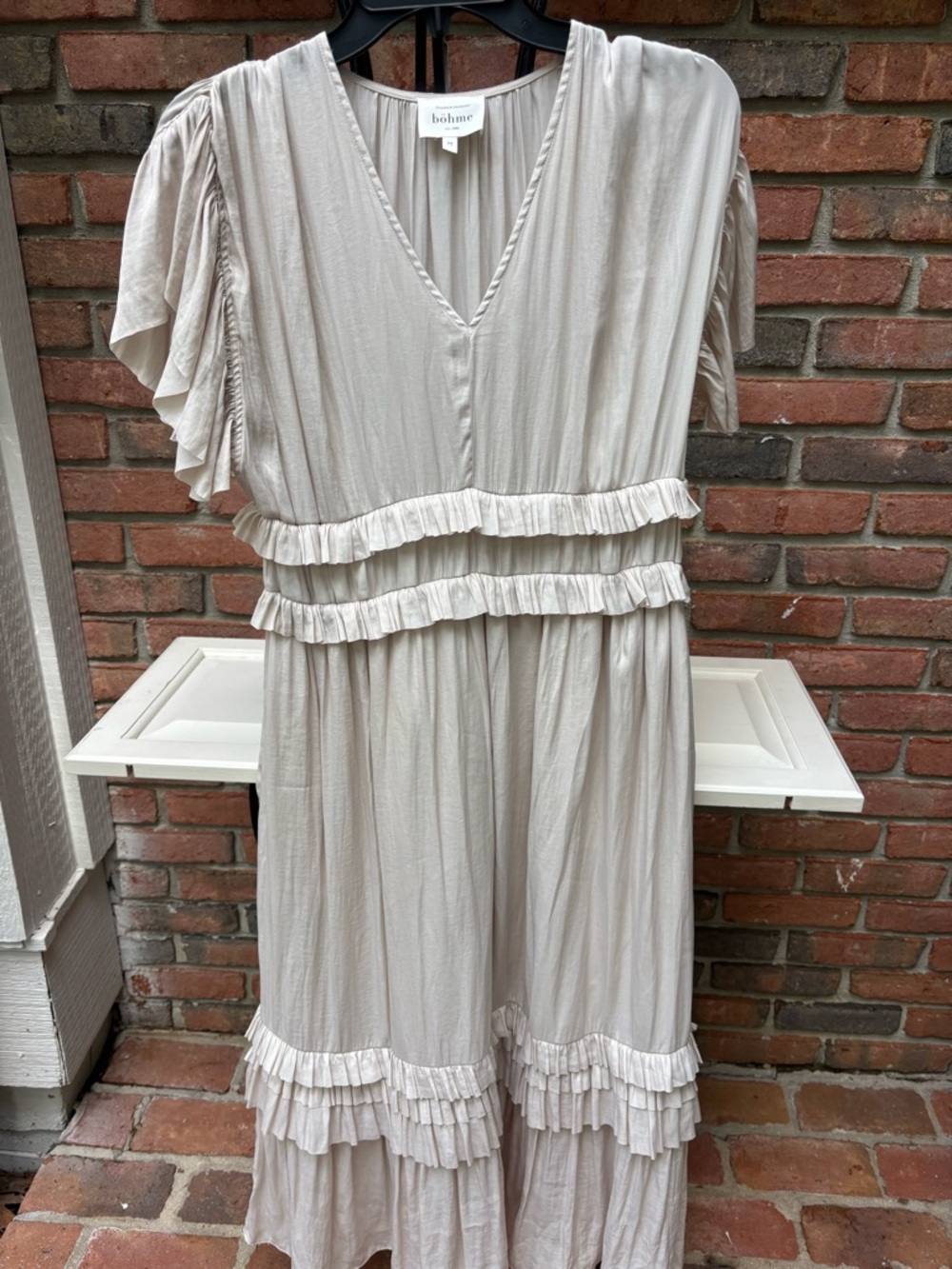 böhme Neutral Pleated V-Neck Midi Dress in Light Taupe